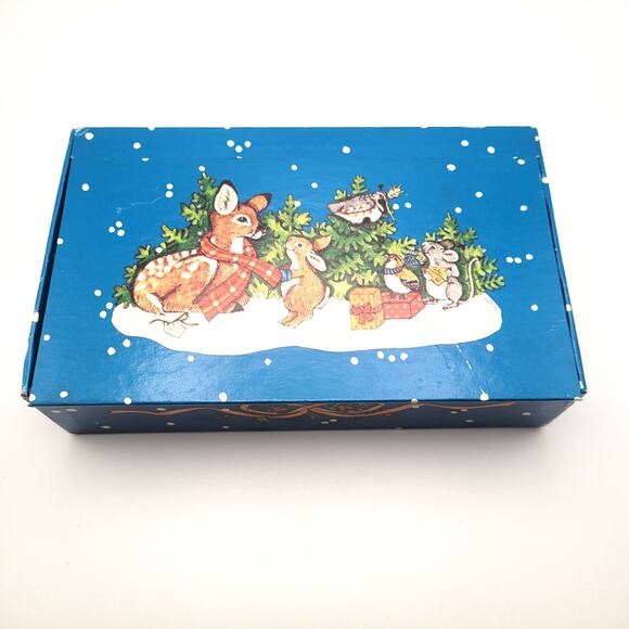 Vintage Blue Pencil Box Animals in Snow Hinged Lid Stationery Storage Old School - Picture 1 of 11